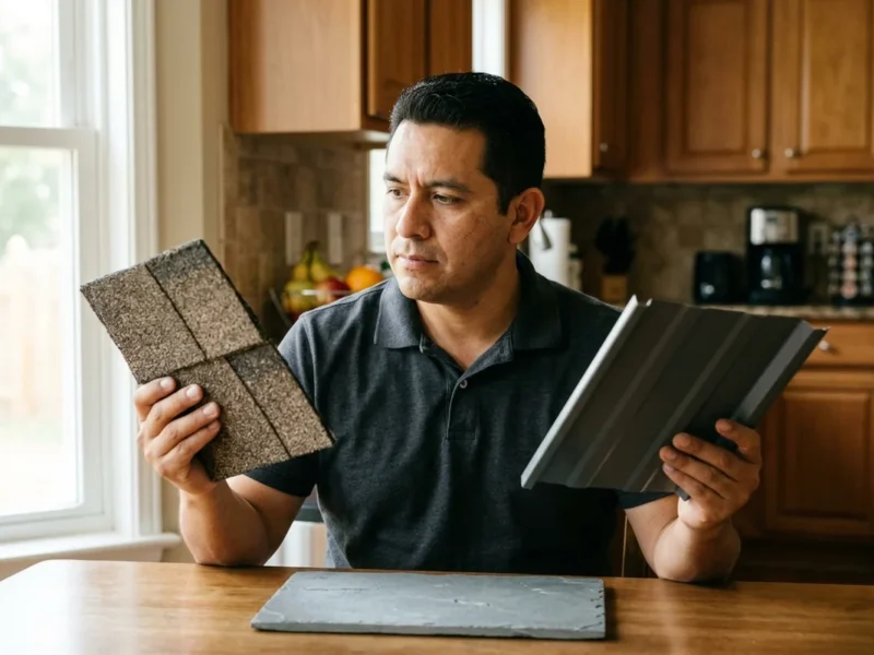New Jersey homeowner comparing asphalt, metal, and slate roofing samples