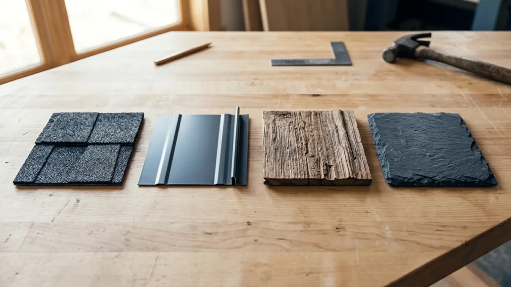 roofing materials for NJ homes: asphalt shingle, standing-seam metal, cedar shake, and slate samples side by side