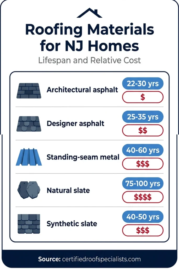 infographic comparing roofing materials for NJ homes by lifespan and relative cost