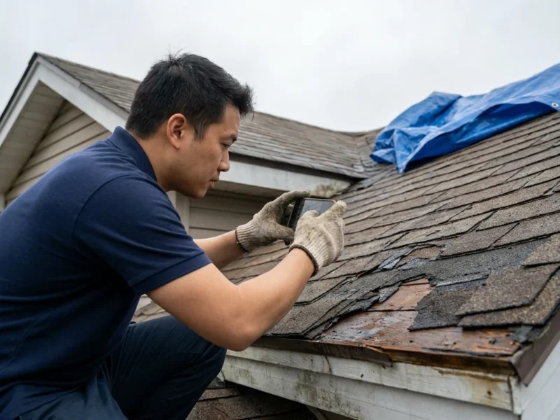 NJ emergency roofing: a roofer photographing storm damage for a written assessment before tarping
