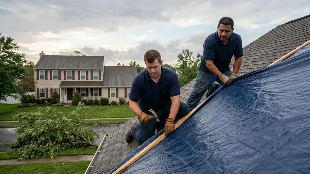 Emergency roofing NJ: a roofing crew securing an emergency tarp over a storm-damaged residential roof in New Jersey