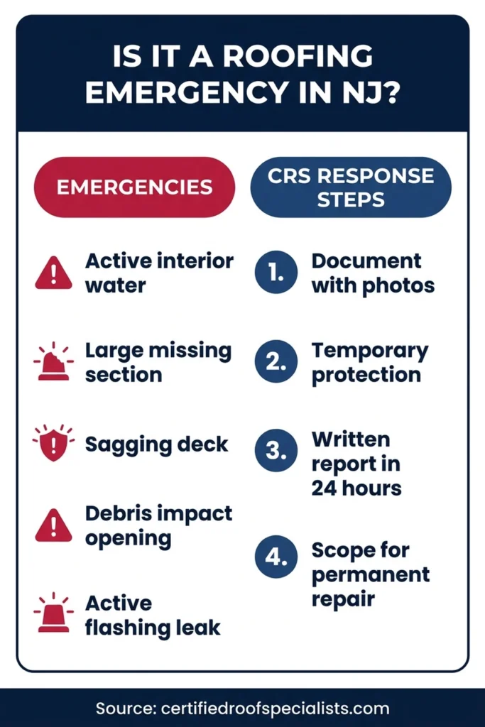 NJ roofing emergency: what qualifies and the CRS emergency response steps infographic