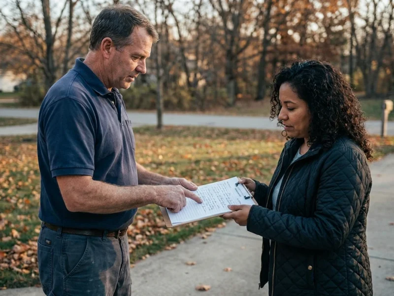 NJ fall roof prep: a roofer handing a homeowner a written inspection report on the driveway in autumn