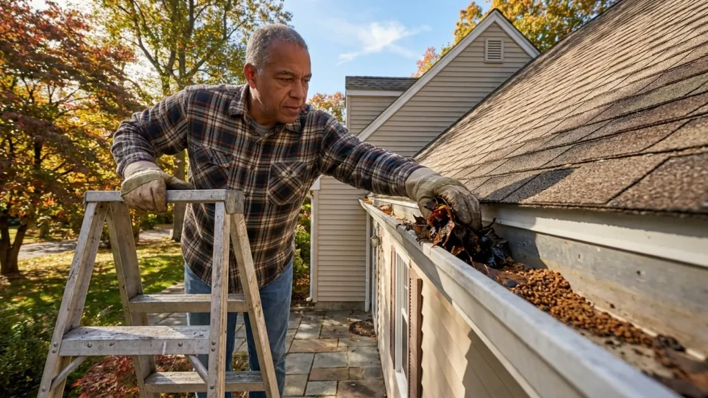 Fall roof prep NJ: a homeowner checking gutters for granule buildup beside a New Jersey home with turning autumn leaves