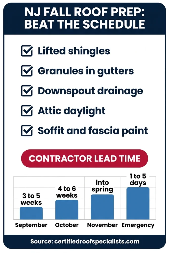 NJ fall roof prep ground-level checklist and contractor lead-time curve infographic