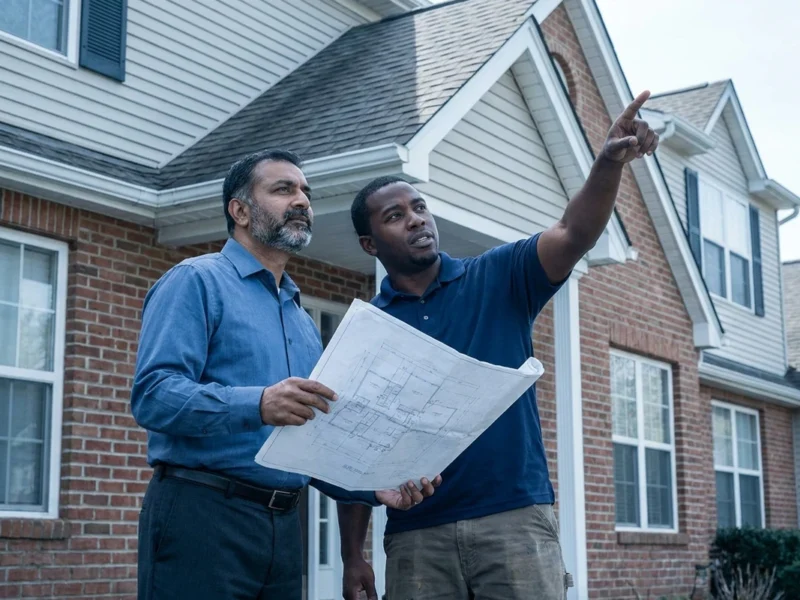 NJ community association roofing: a property manager and roofer reviewing a building phasing plan on site