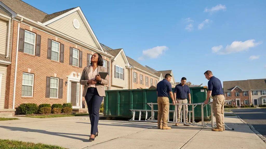 NJ HOA roofing property manager guide: a row of townhome buildings in a NJ community association with a roofing crew staging on one building