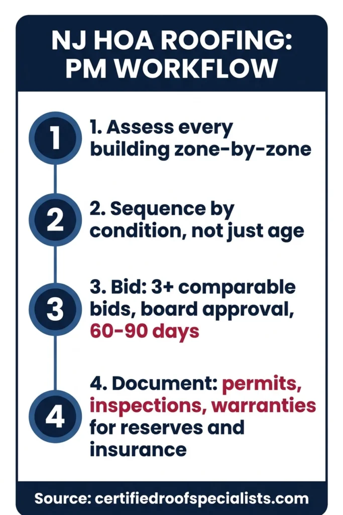 NJ HOA roofing project workflow infographic: assess, sequence, bid, document