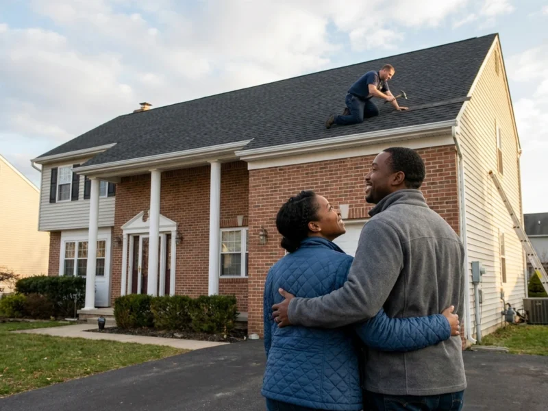 NJ roof replacement timeline: homeowners watching the crew finish their roof from the driveway