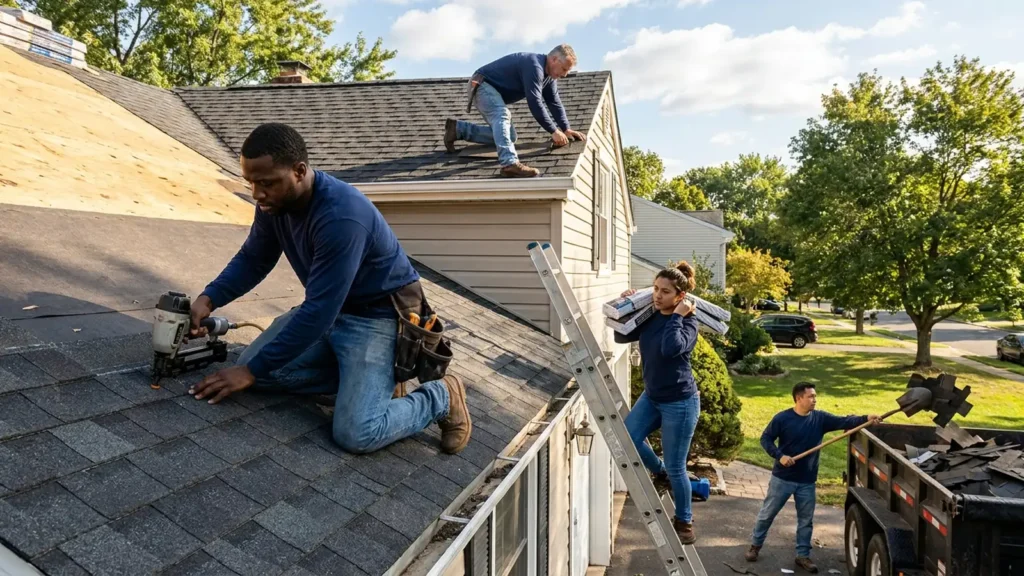 How long does a roof replacement take in NJ: a full roofing crew installing architectural shingles on a NJ home in a single day