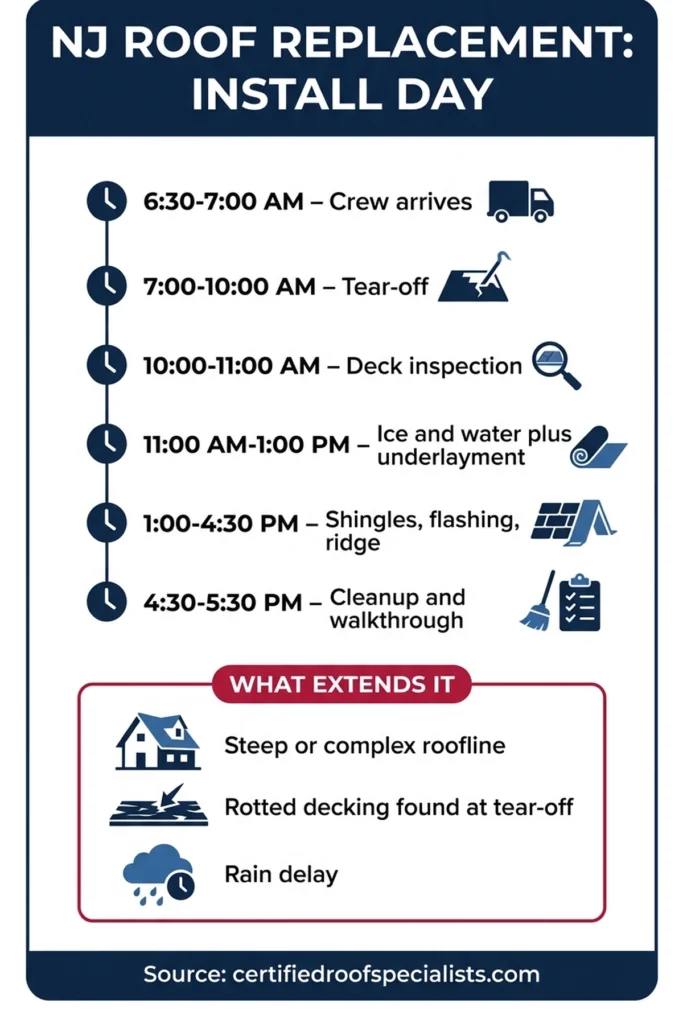 NJ roof replacement install-day hour-by-hour timeline infographic