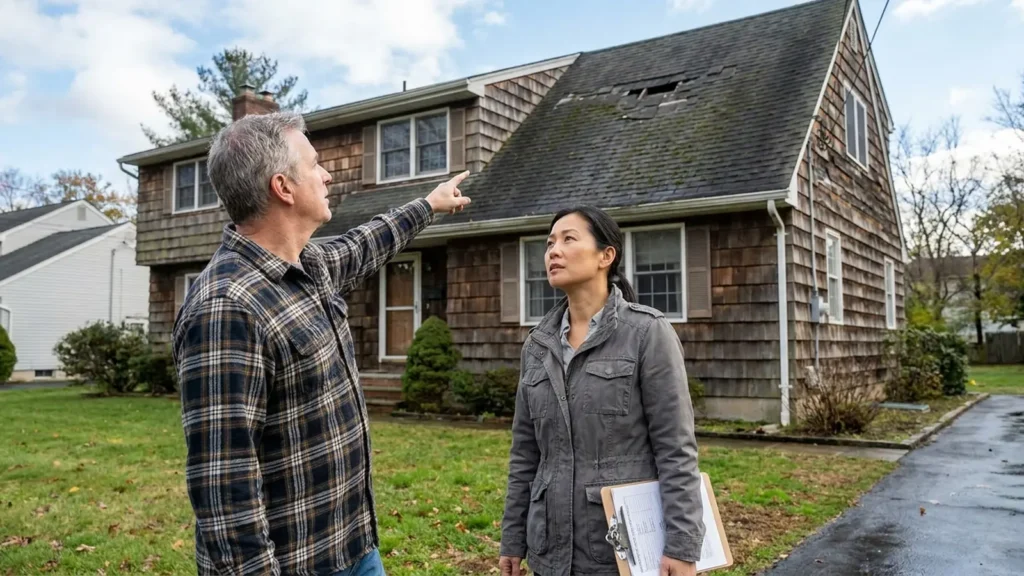 Insurance claim old roof NJ: a homeowner and an insurance adjuster reviewing storm damage on an older roof from the ground