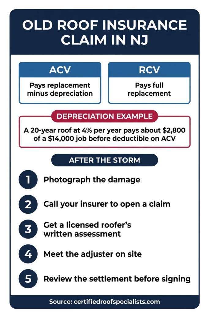 NJ old roof insurance claim ACV vs RCV and depreciation infographic with claim timeline