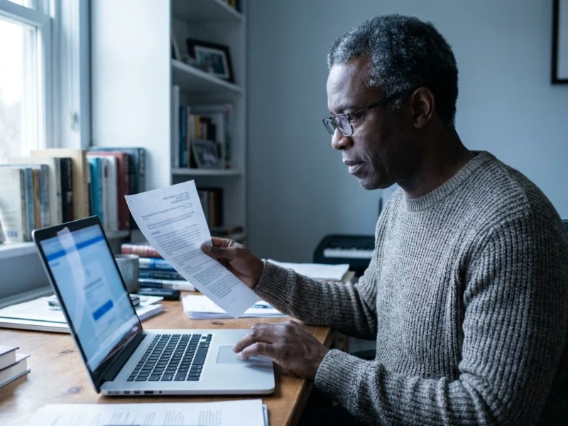 NJ local vs national roofer: a homeowner verifying a contractor's license on a laptop
