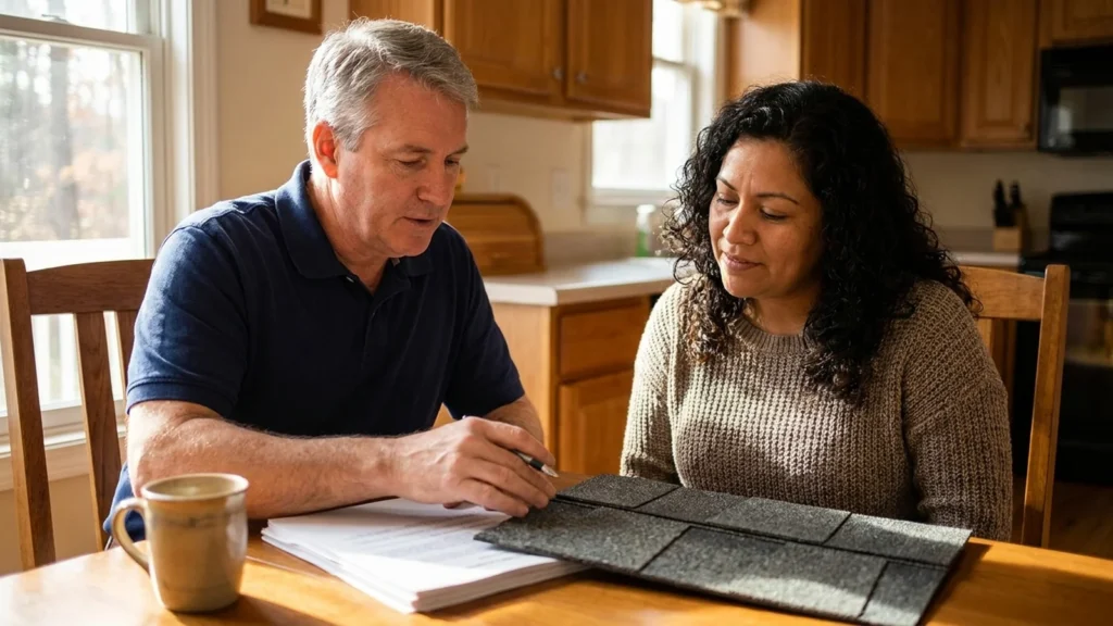 Local vs national roofing NJ: a local contractor reviewing a written proposal with a homeowner at the kitchen table