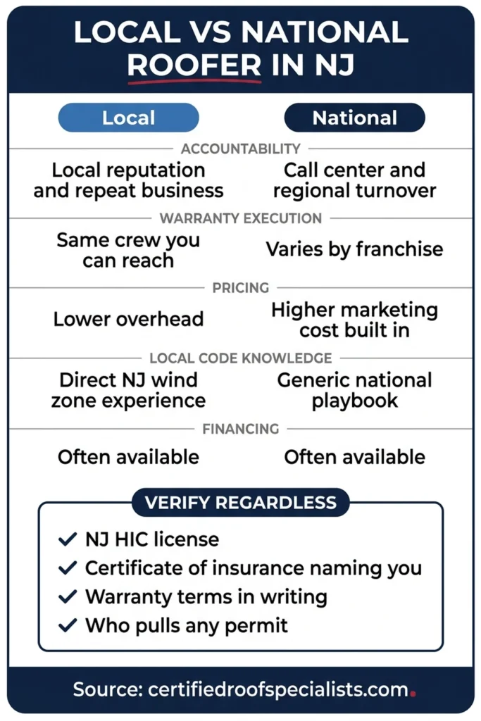 NJ local vs national roofing company comparison and verification checklist infographic