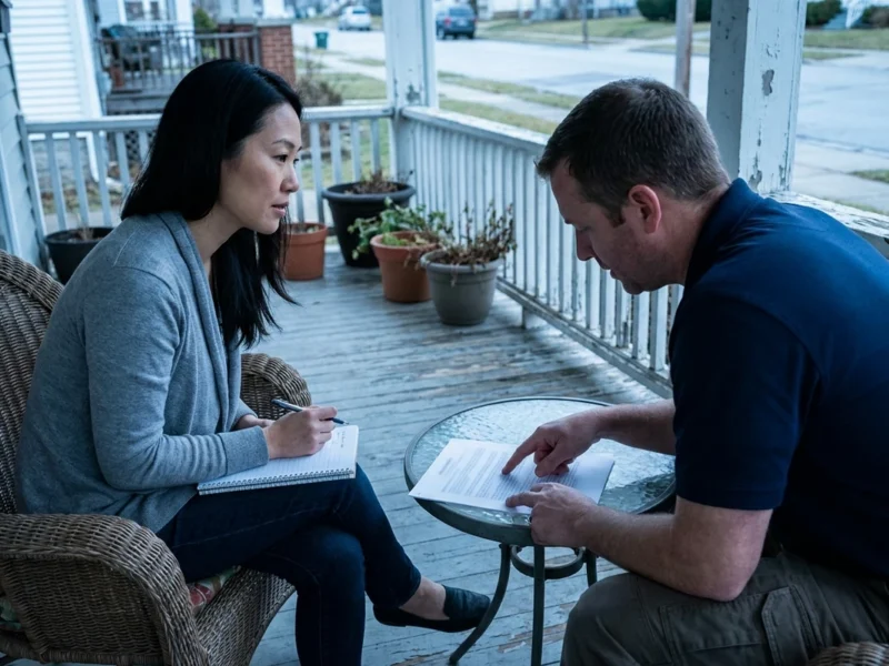 Questions to ask a NJ roofer: a homeowner taking notes while a contractor explains the estimate