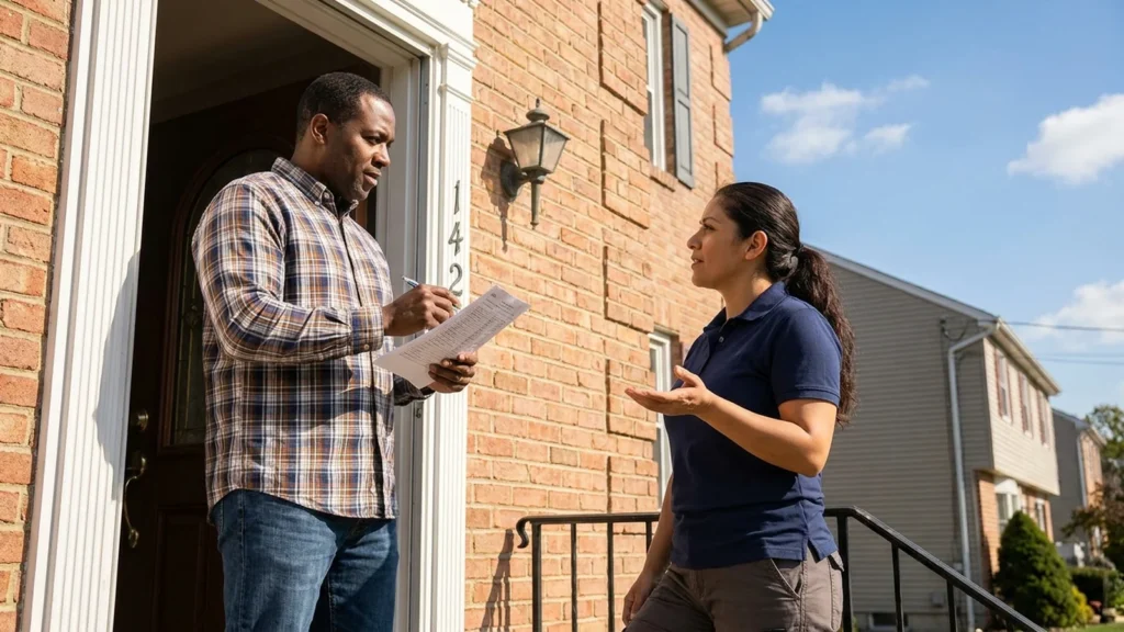 Questions to ask a roofing contractor in NJ: a homeowner with a checklist interviewing a contractor at the front door