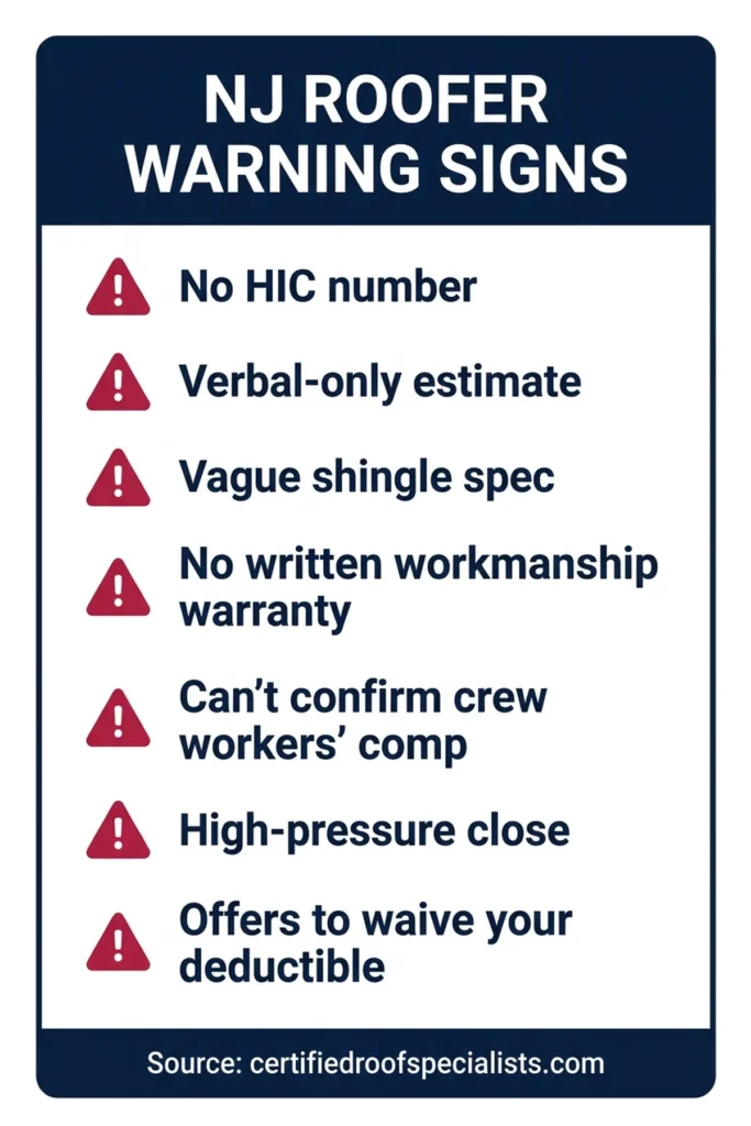 NJ roofing contractor red flags infographic: warning signs before you hire