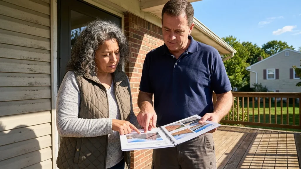Roof leak repair NJ: a homeowner and contractor reviewing a written roof inspection report at her front door