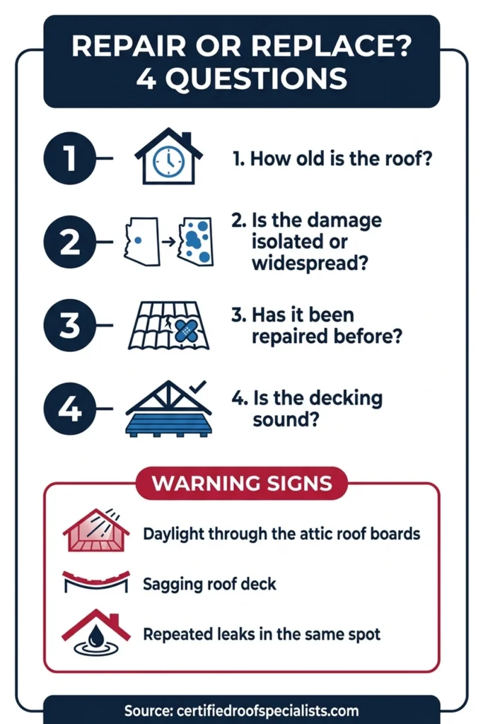 NJ roof leak repair: repair or replace four-question decision infographic