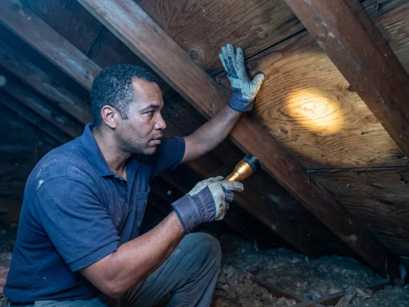 NJ roof over vs tear off: a roofer in an attic inspecting the underside of the roof deck with a flashlight