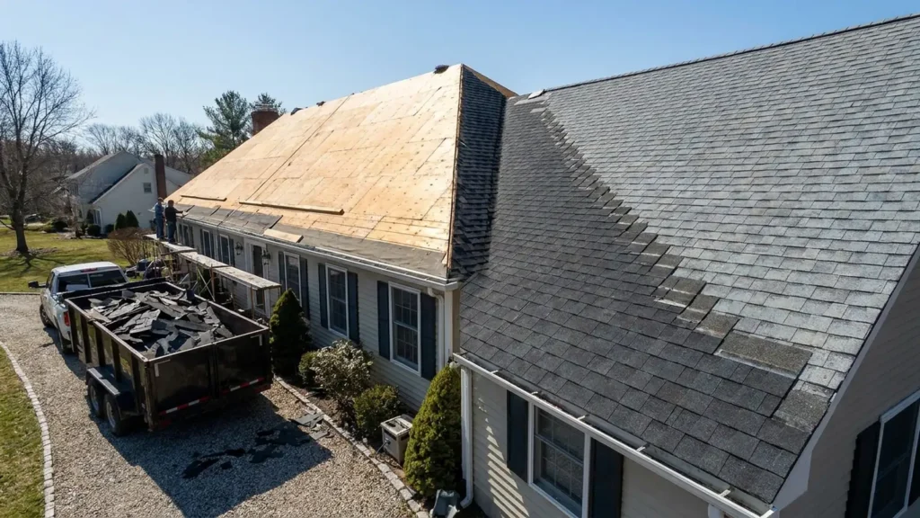 Roof over vs tear off NJ: a New Jersey colonial shown half with an exposed roof deck and dumpster and half with shingles being layered over an old roof