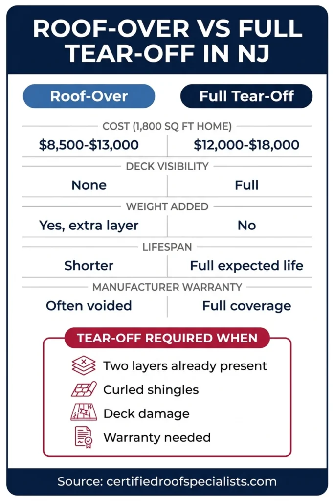 NJ roof-over vs full tear-off cost, code, and lifespan comparison infographic