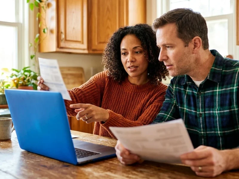 Roof protection plan vs home warranty NJ: a couple comparing two coverage documents at a laptop