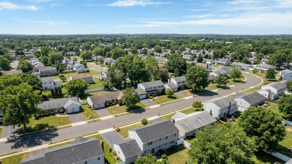 Roof replacement cost Middlesex County NJ: an aerial view of an Edison and Woodbridge suburban neighborhood with asphalt-shingle roofs of varying ages