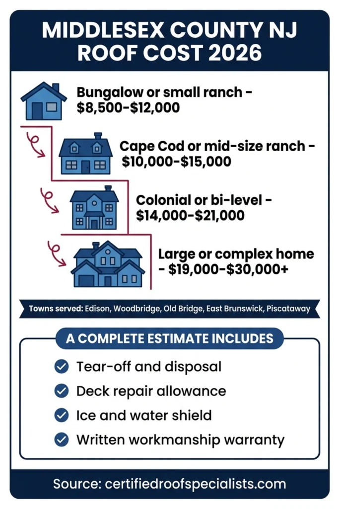 Middlesex County NJ roof replacement cost by home size and town infographic for 2026