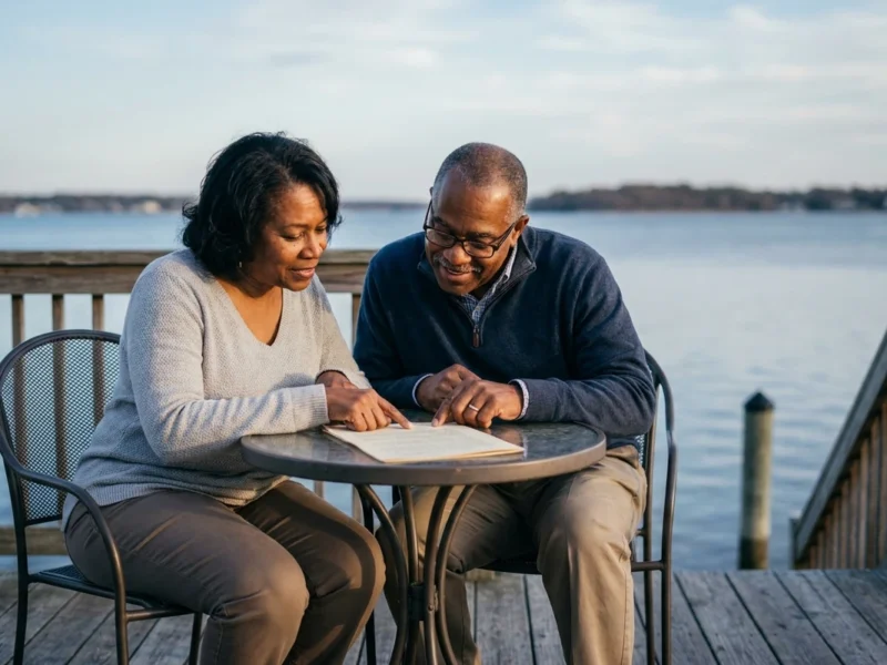 Ocean County NJ roof cost: a couple reviewing a written roof estimate on the deck of their coastal home