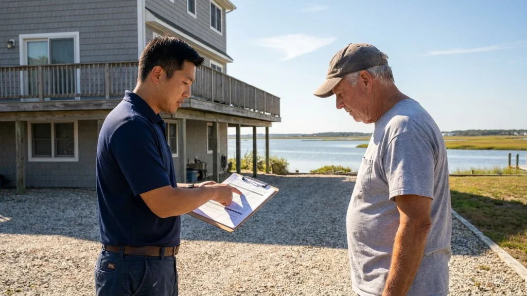 Roof replacement cost Ocean County NJ: a roofer reviewing a 2026 written estimate with a homeowner outside an elevated bayfront Toms River home