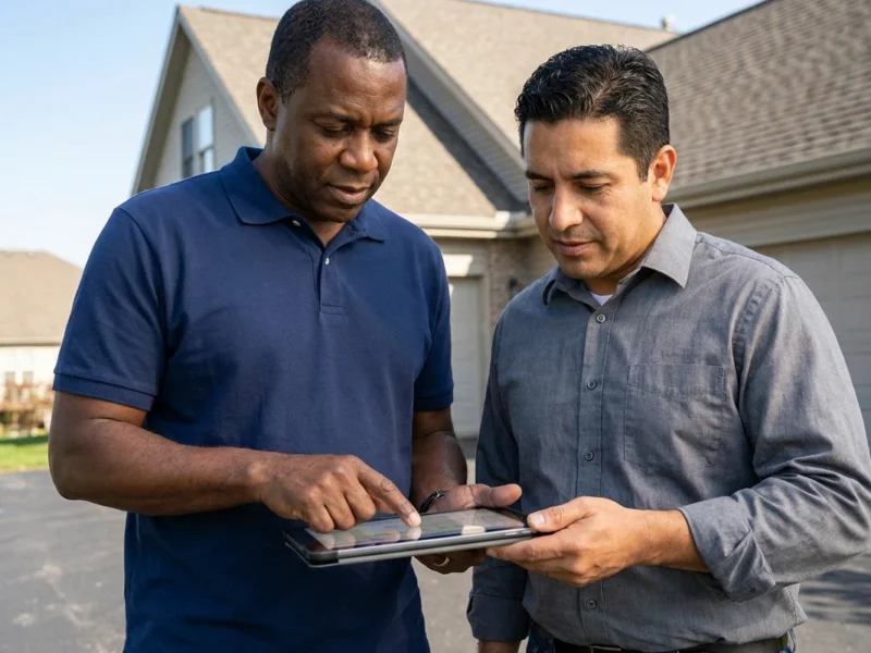 NJ roof permit: a roofer and homeowner reviewing a project scope on a clipboard on the driveway