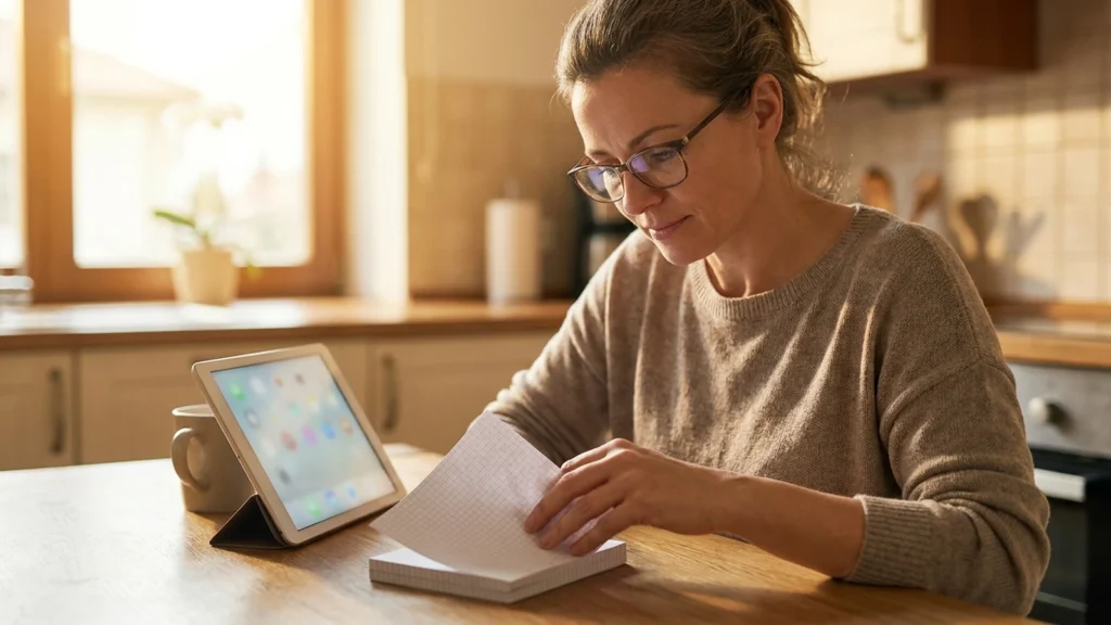 Roof replacement permit NJ: a homeowner reviewing roofing paperwork at a kitchen table with a tablet showing a municipal code page