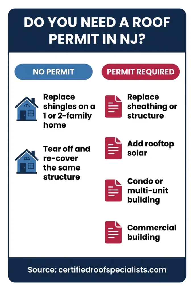 NJ roof permit decision chart showing which roofing jobs need a permit and which do not
