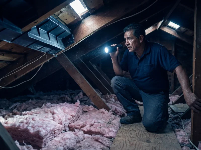 NJ roof ventilation: a contractor in an attic checking a soffit baffle and rafter bay airflow with a flashlight