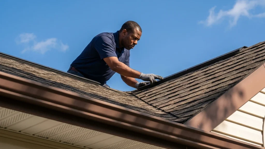 Roof ventilation NJ: a roofer checking a continuous ridge vent on a New Jersey home with soffit vents visible at the eaves