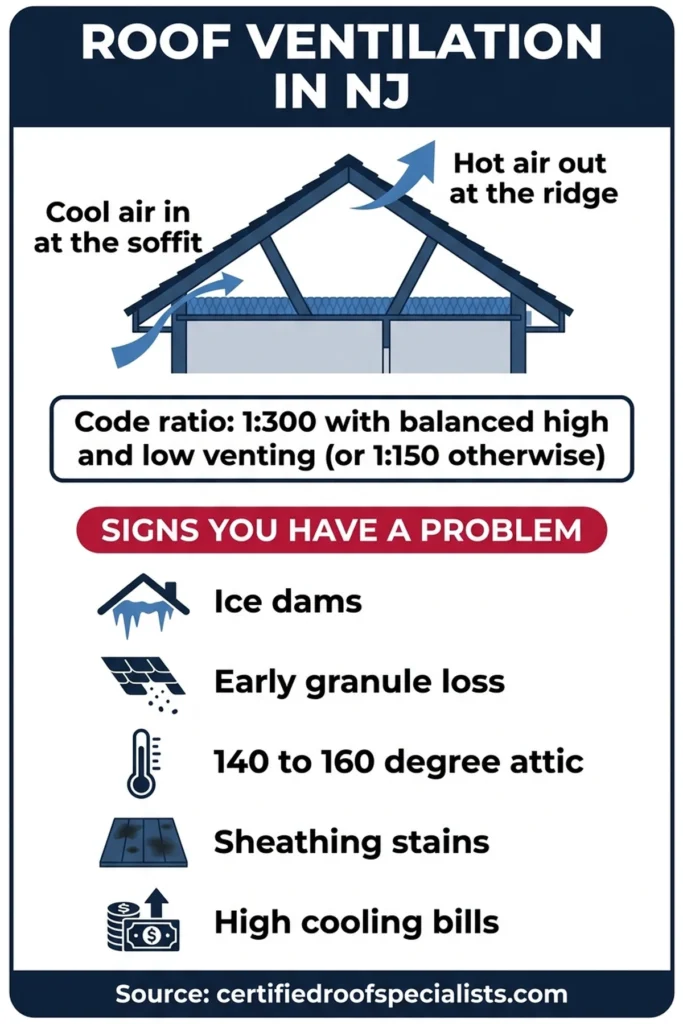 NJ attic ventilation airflow diagram with soffit intake and ridge exhaust and the 1:300 code ratio infographic
