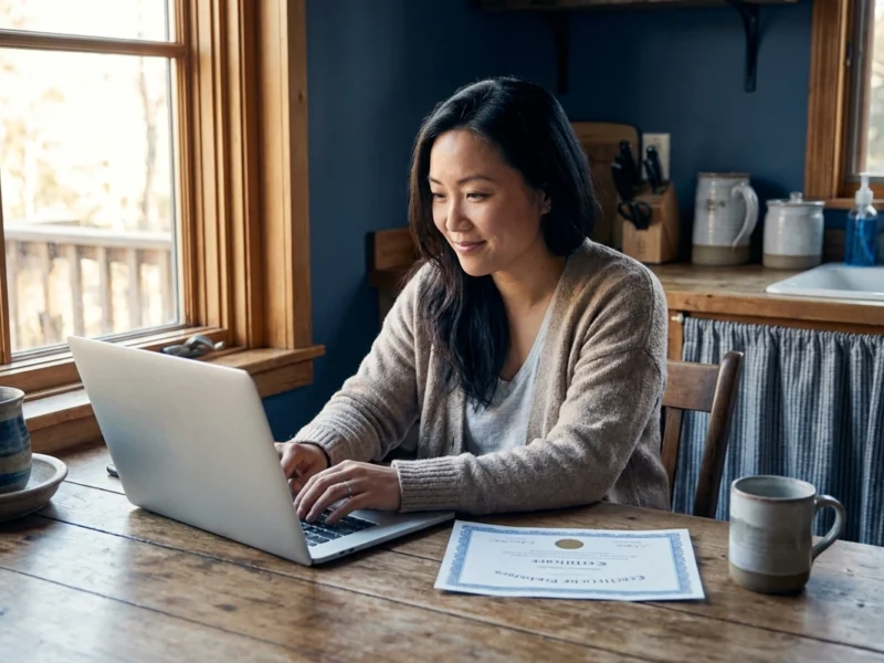 NJ roofing warranty: a homeowner registering her new roof warranty on a laptop