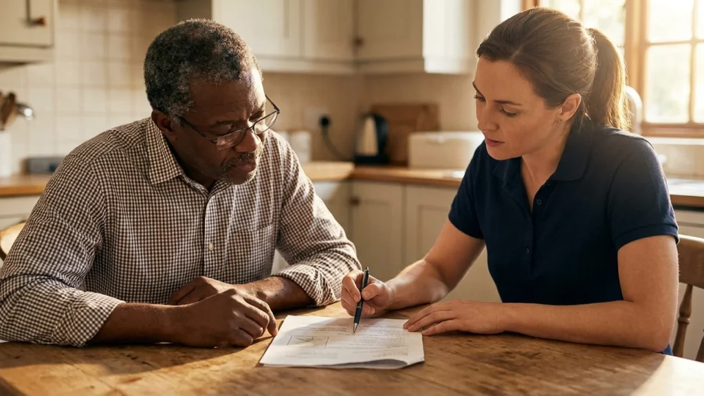 NJ roofing warranties: a homeowner reading a written roofing warranty and contract at a kitchen table with a contractor