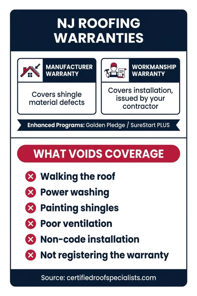 NJ roofing warranty types and what voids them infographic