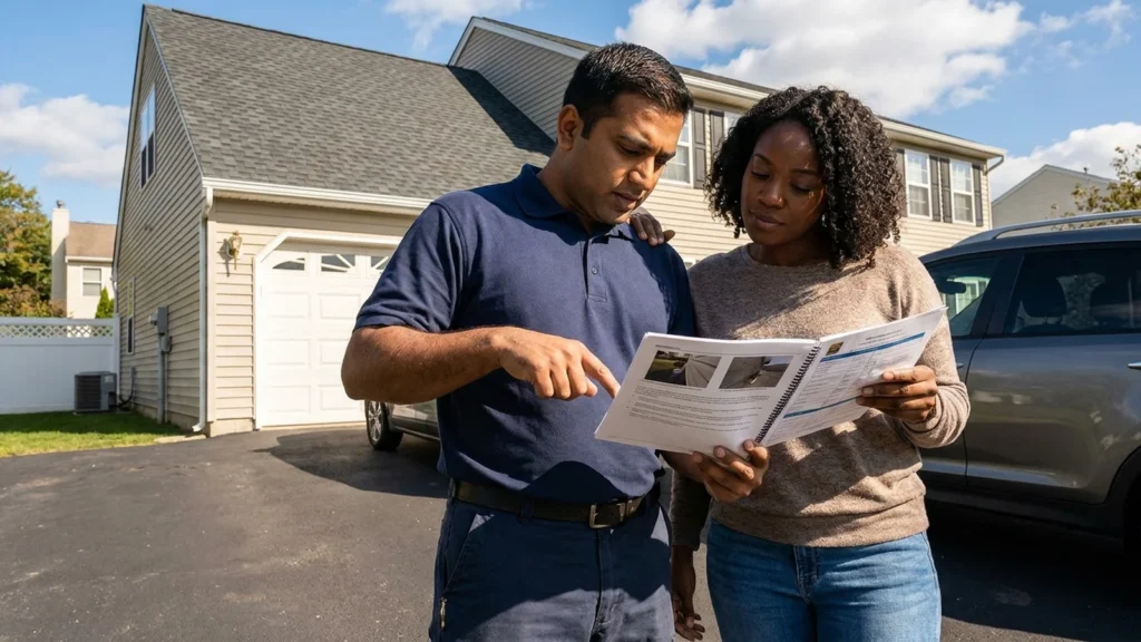 What separates great NJ roofers: a licensed roofer reviewing a written inspection report with a homeowner after a completed roof