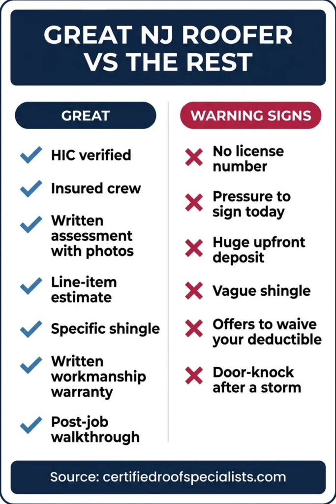 Signals of a great NJ roofing contractor vs red flags infographic