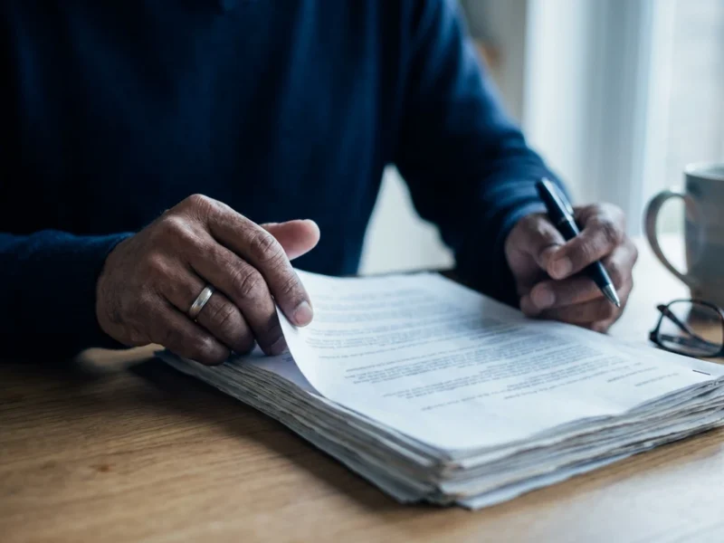 NJ roof warranty: a homeowner reading the fine print of a warranty document