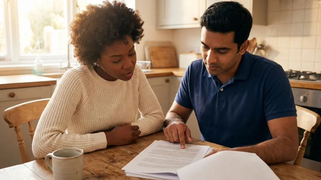 What voids a roof warranty in NJ: a homeowner and roofer reviewing a roof warranty document at a kitchen table