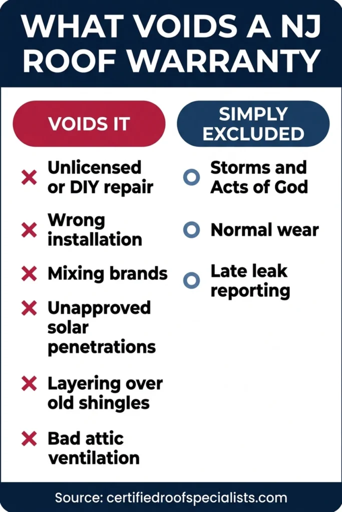 NJ roof warranty: what voids it vs what is simply excluded infographic