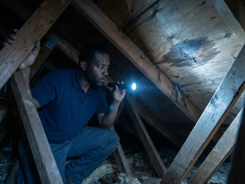 What's in a NJ roof inspection: an inspector checking the attic for leaks with a flashlight