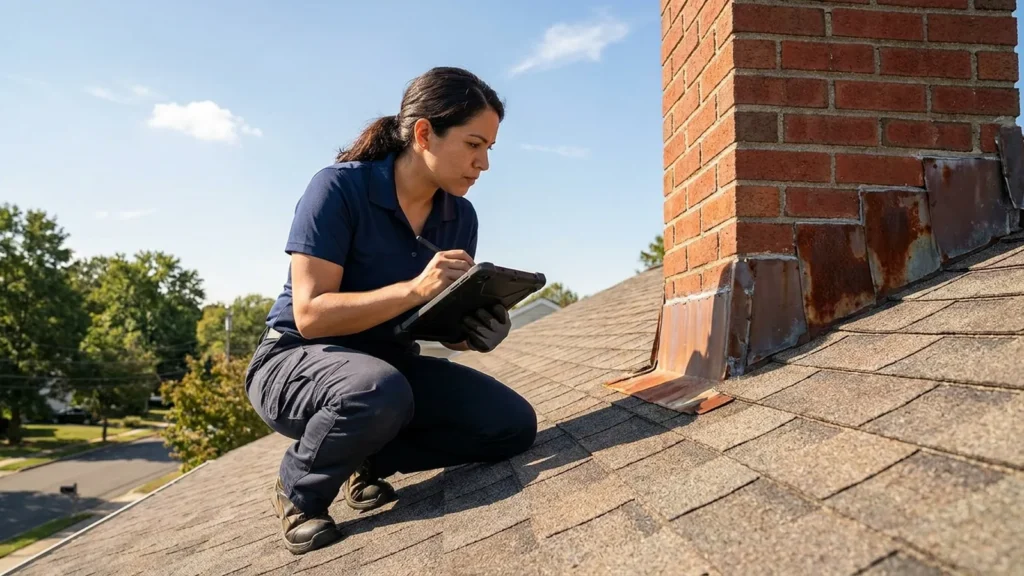 What is included in a roof inspection in NJ: a licensed inspector checking flashing and shingles and noting findings on a tablet