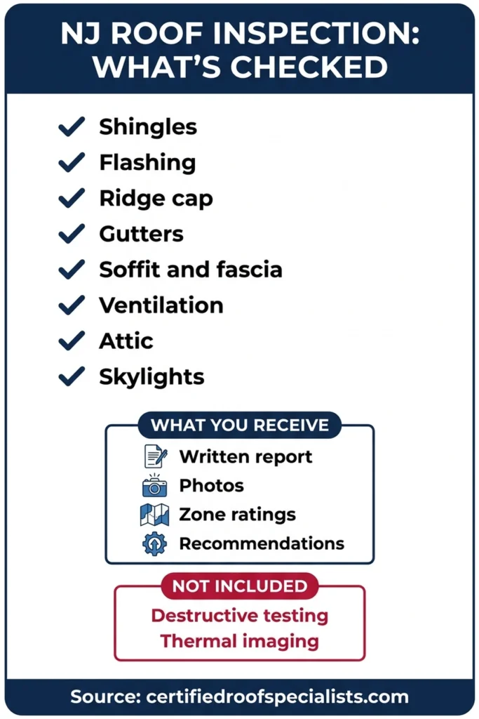 NJ roof inspection checklist infographic: what gets inspected and what you receive